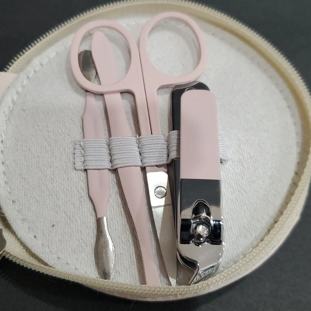 Light pink Strawberry and flower print nail manicure kit set with round case new